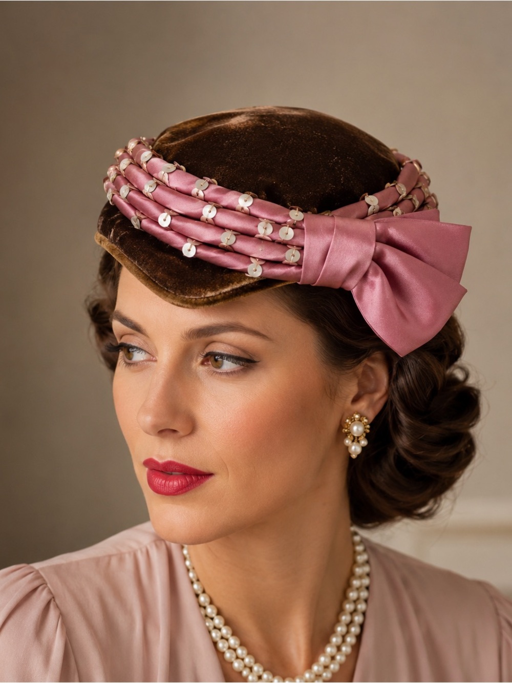 Vintage Brown Velvet Pillbox Hat Pink Satin Bow Sequin Trim Women’s Unbranded